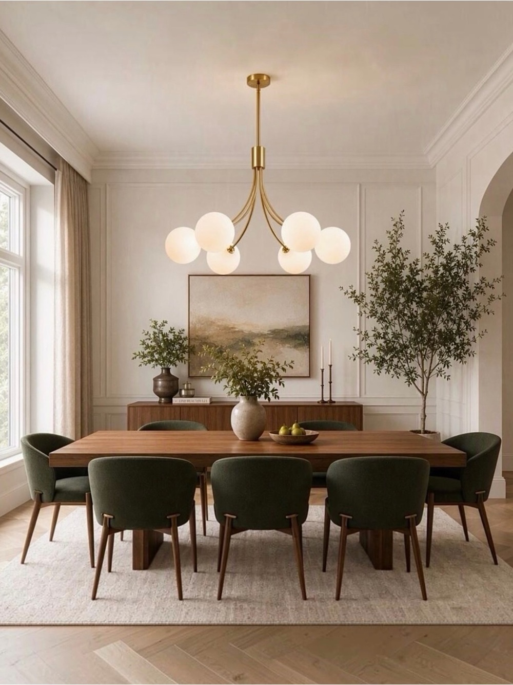 NEW West Elm XL 6-Light Gold & White Globe Boho Chandelier Hanging Light Fixture